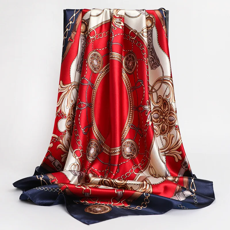 90*90cm Square Silk Scarves Women Hijab Shawls Fashion Print Kerchief Femme Head Scarf Foulard Bandana Beach Pareo
