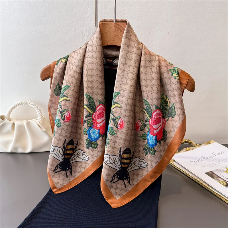  Luxury new summer thin sun protection pomegranate flower faux silk printed shawl scarf high-end neck wrap headscarf silk scarf