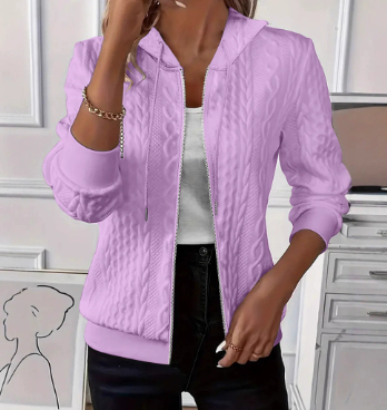  Solid Color Long Sleeve Knitted Zipper Hoodie Coat