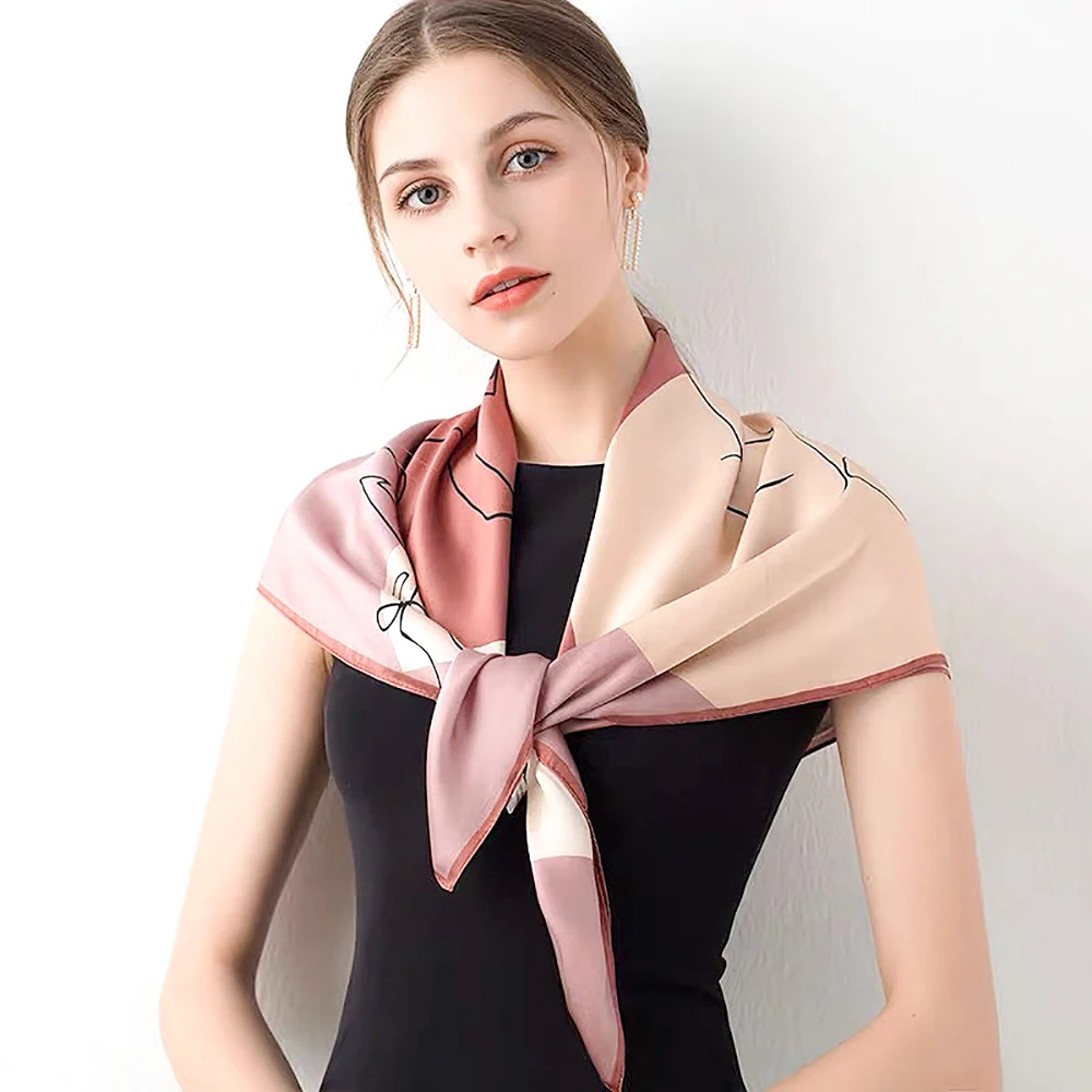  100% Pure Mulberry Silk Women Square Scarf Prints Headband Neckerchief Luxury Female Hair Ornament Female Bandana Scarves 90CM