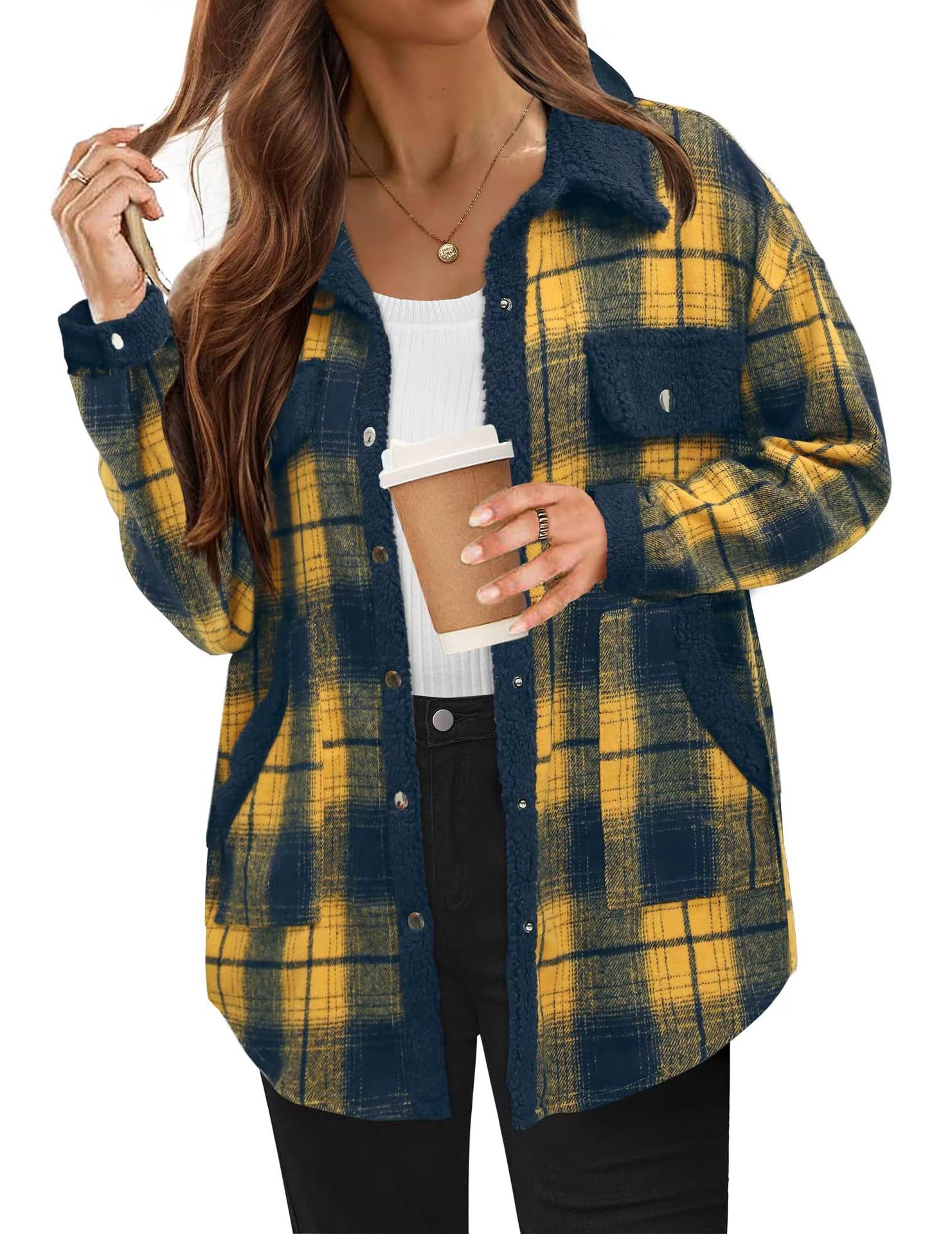  Contrast Color Plaid Jacket Casual Polo Collar Velvet Coat