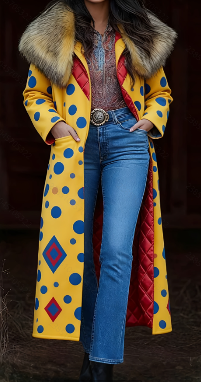  Fashion Retro Women's Coat, Warm Printed Long Coat