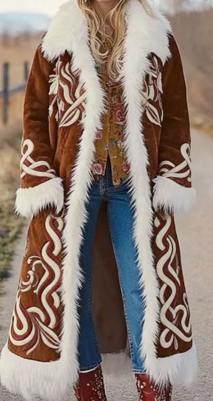  Fashion Retro Women's Coat, Warm Printed Long Coat