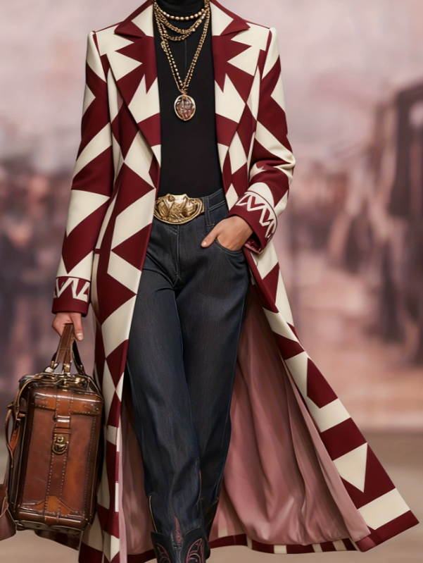  Women's Loose-fitting Long Plaid Lapel Coat