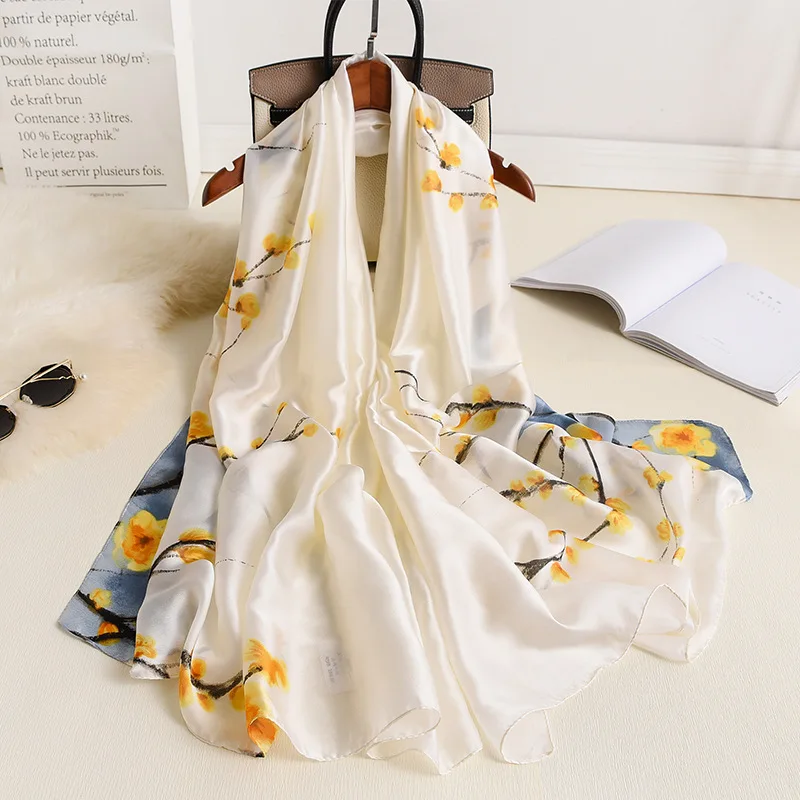  100% Natural Silk Scarf Women Luxury Brand Digital Print Flowers Silk Pashmina Shawl Female Long Bandana Foulard 2020 Oversize
