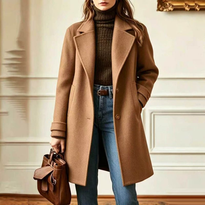  Elegant Midi-length Single-breasted Solid-color Wool Coat With A Lapel