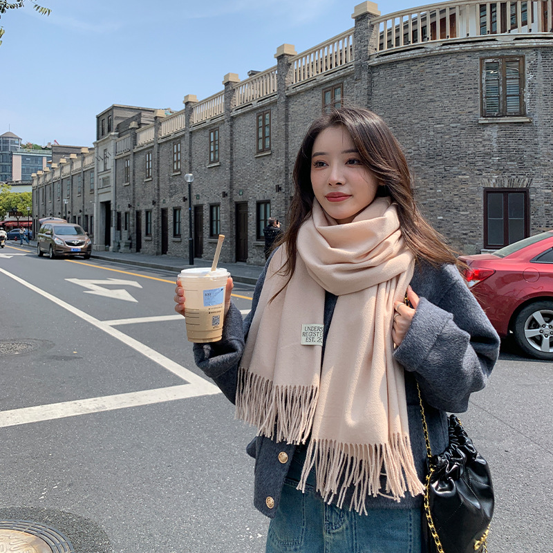  250g Solid Color Artificial Cashmere Scarf Thickened Warm Tassel Monochrome Shawl