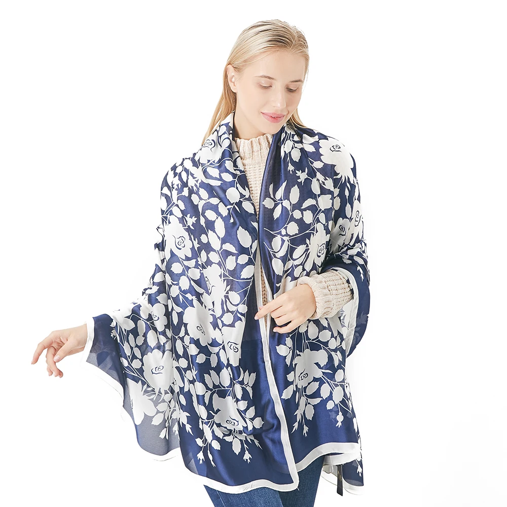  100% Natural Silk Scarf Women Luxury Brand Digital Print Flowers Silk Pashmina Shawl Female Long Bandana Foulard 2020 Oversize