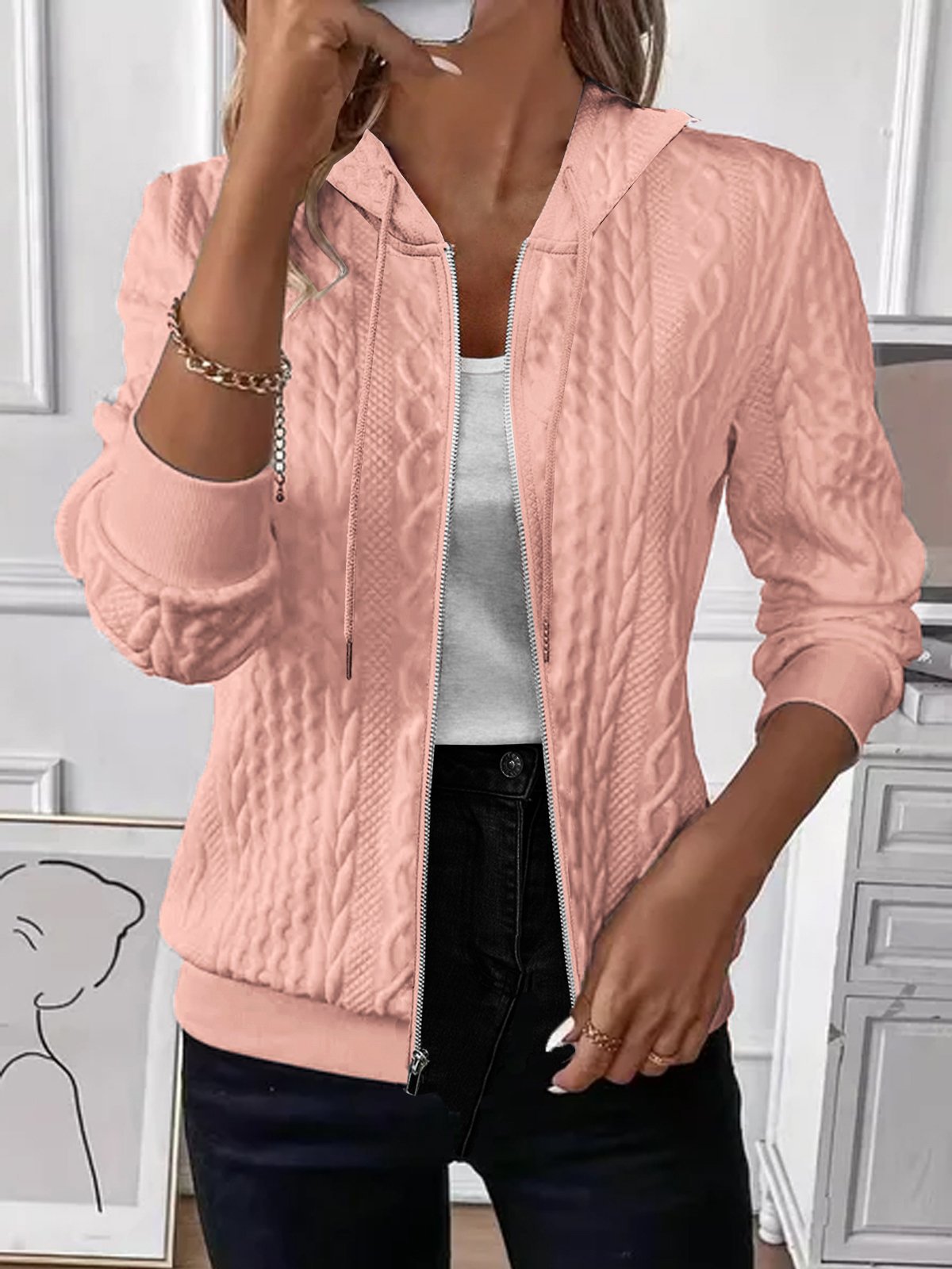  Solid Color Long Sleeve Knitted Zipper Hoodie Coat