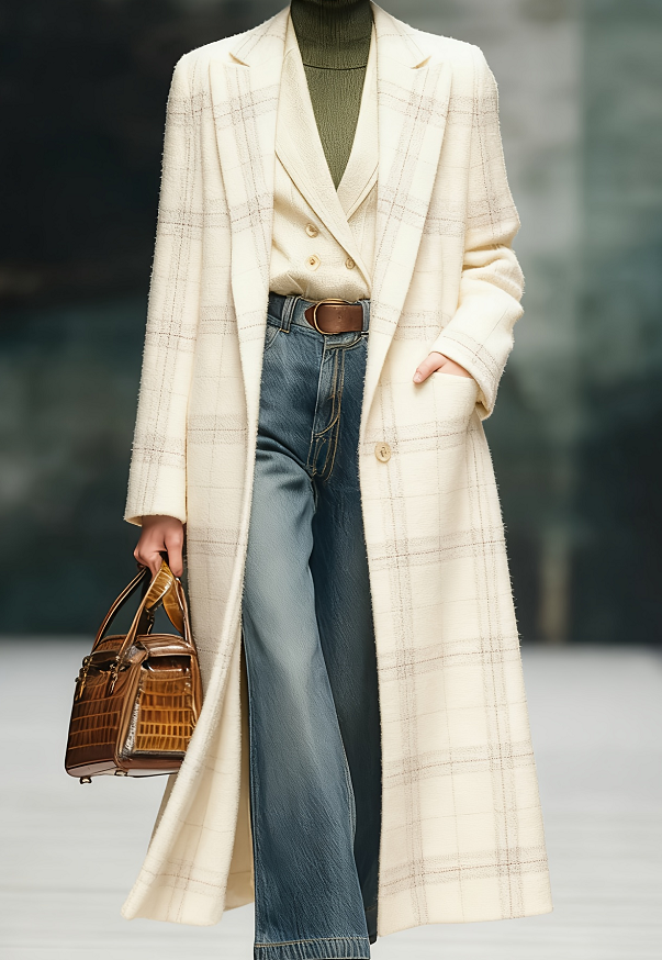  Women's Loose-fitting Long Plaid Lapel Coat