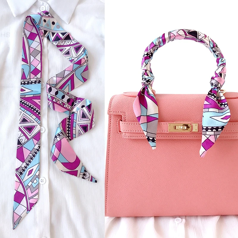  Woman Skinny Silk Scarf 90cm*4cm Long Hair Strip Silk Ribbon Small Neck Scarves Bag Handle Ribbon Scarf Kerchief Ladies Tie