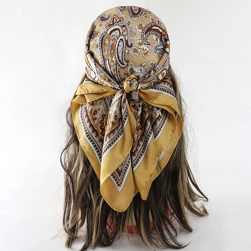  Bohemian Style Floral Print Women’s Square Silk Scarf Satin Head Wrap Tropical Leaf Flower Design Scarves Bandana Hijab