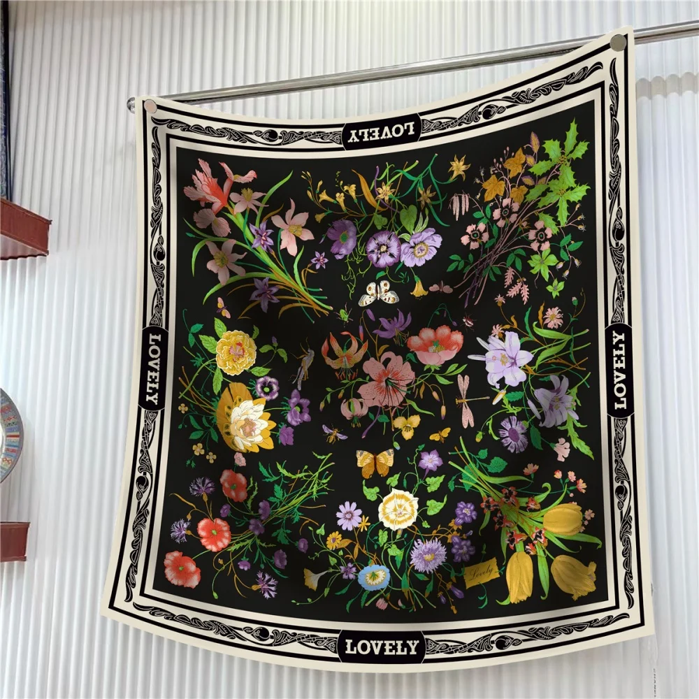  Silk Scarf Women Floral Printed Square Scarves Head Echarpes Silk Foulards Femme Wraps Beach Shawls Bandana Lady Hijabs 90CM