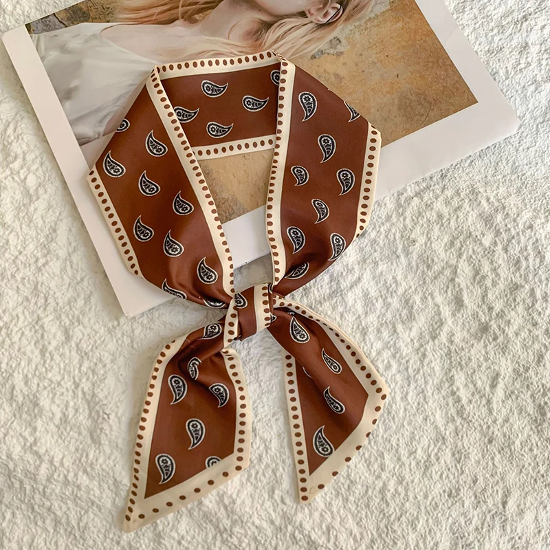  New Luxury Narrow Short Silk Scarf for Woman Skinny Scarves Paisley Hairband Small Bag Tie Hangbag Handle Ribbon Kerchief