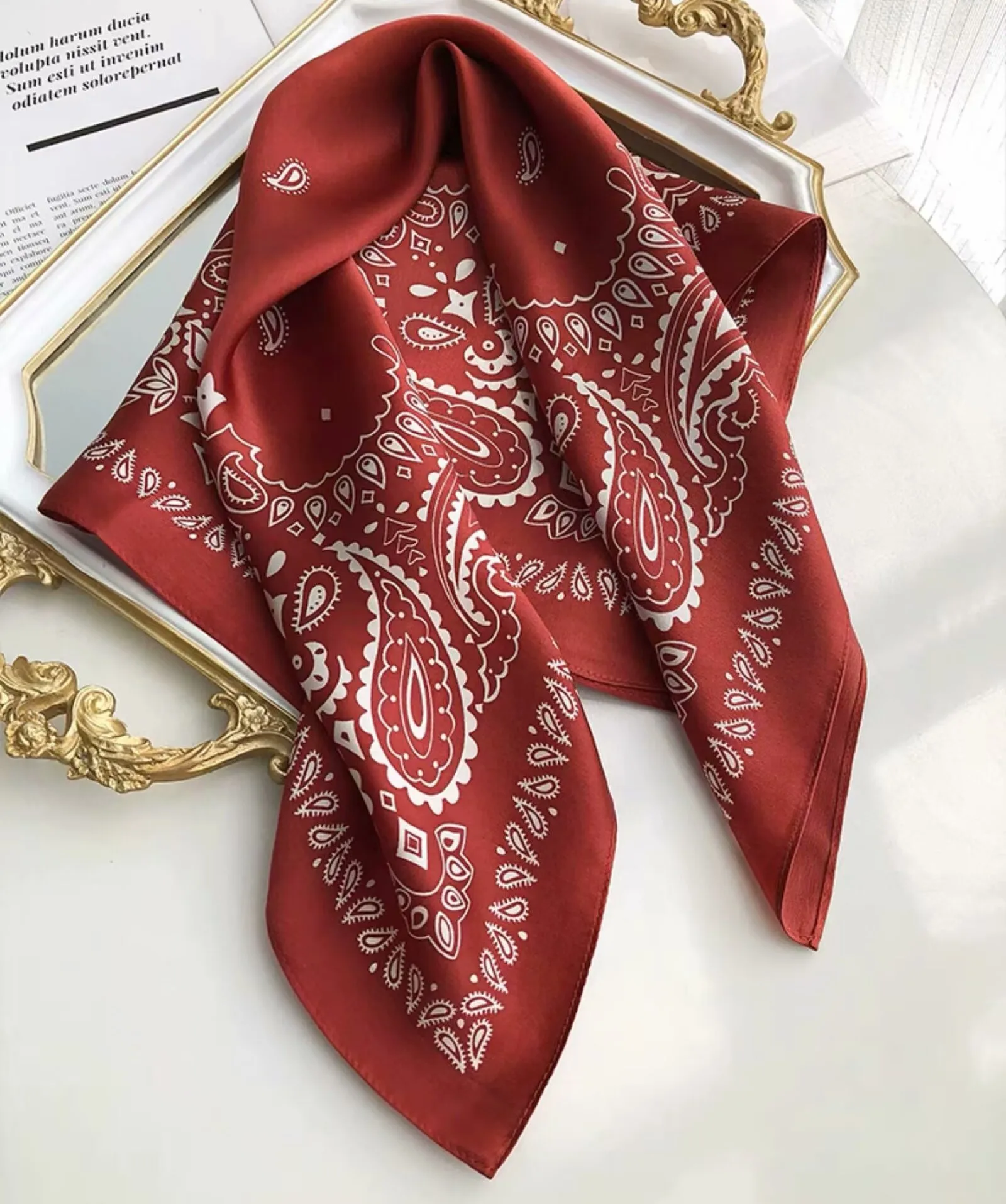 70cm Size 100% Mulberry Silk Square Scarf, Retro Printed Red Ladies' Bandana Scarf, Headscarf, Elegant Shawl, Strap Decoration