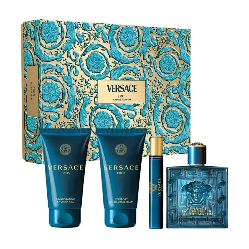VERSACE GIFT/SET EROS 4 PCS. 100ML EDP, 75ML GEL, 75ML BALM, 10ML TRAVEL SPRAY FOR MEN. DESIGNER:VERSAC By VERSACE For MEN (Fragrance)