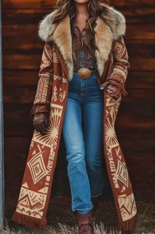  Fashion Retro Women's Coat, Warm Printed Long Coat