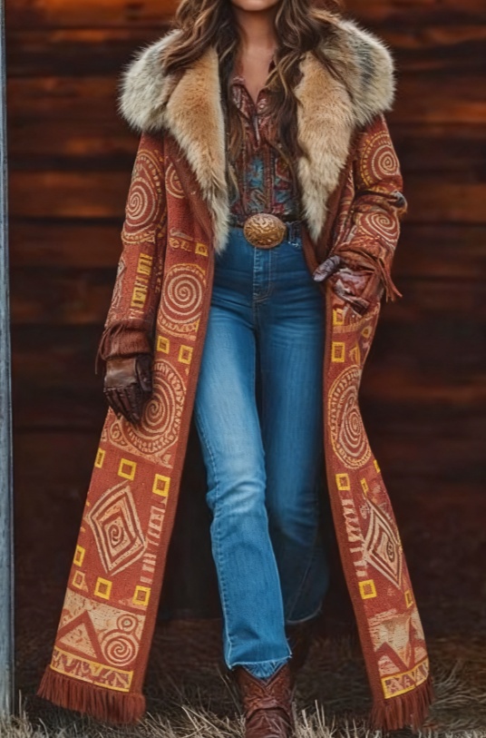  Fashion Retro Women's Coat, Warm Printed Long Coat