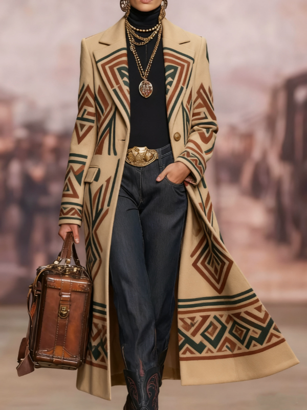  Women's Loose-fitting Long Plaid Lapel Coat