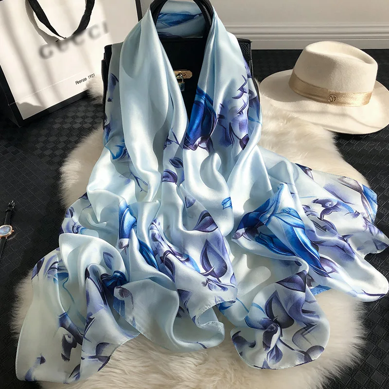  100% Natural Silk Scarf Women Luxury Brand Digital Print Flowers Silk Pashmina Shawl Female Long Bandana Foulard 2020 Oversize