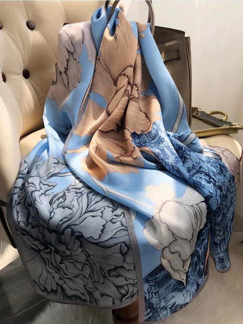  100% Natural Silk Scarf Women Luxury Brand Digital Print Flowers Silk Pashmina Shawl Female Long Bandana Foulard 2020 Oversize