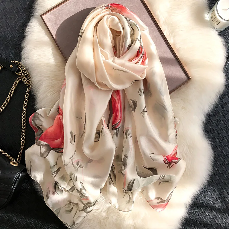  100% Natural Silk Scarf Women Luxury Brand Digital Print Flowers Silk Pashmina Shawl Female Long Bandana Foulard 2020 Oversize