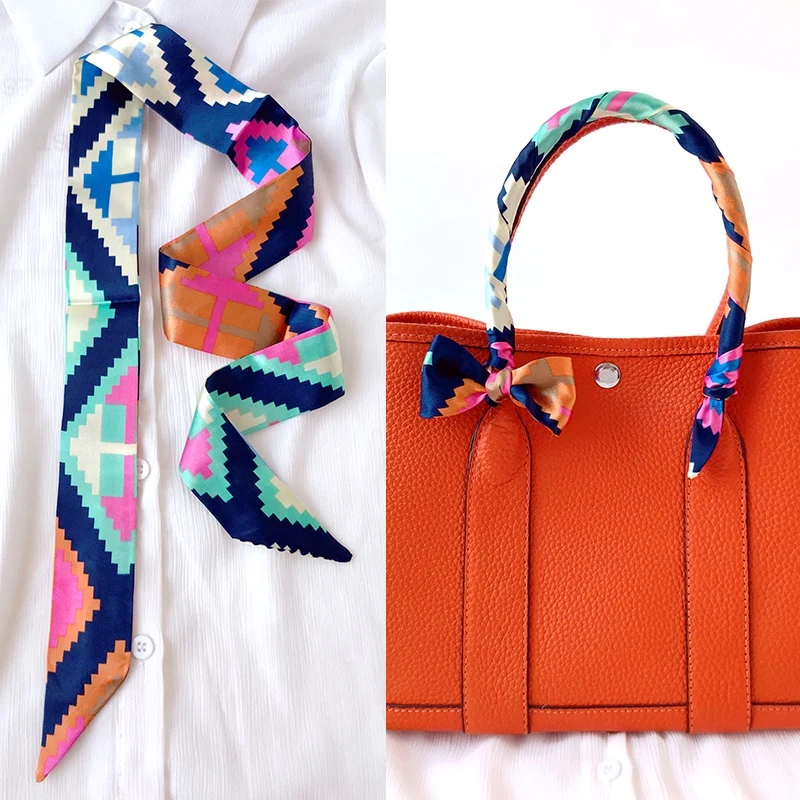  Woman Skinny Silk Scarf 90cm*4cm Long Hair Strip Silk Ribbon Small Neck Scarves Bag Handle Ribbon Scarf Kerchief Ladies Tie