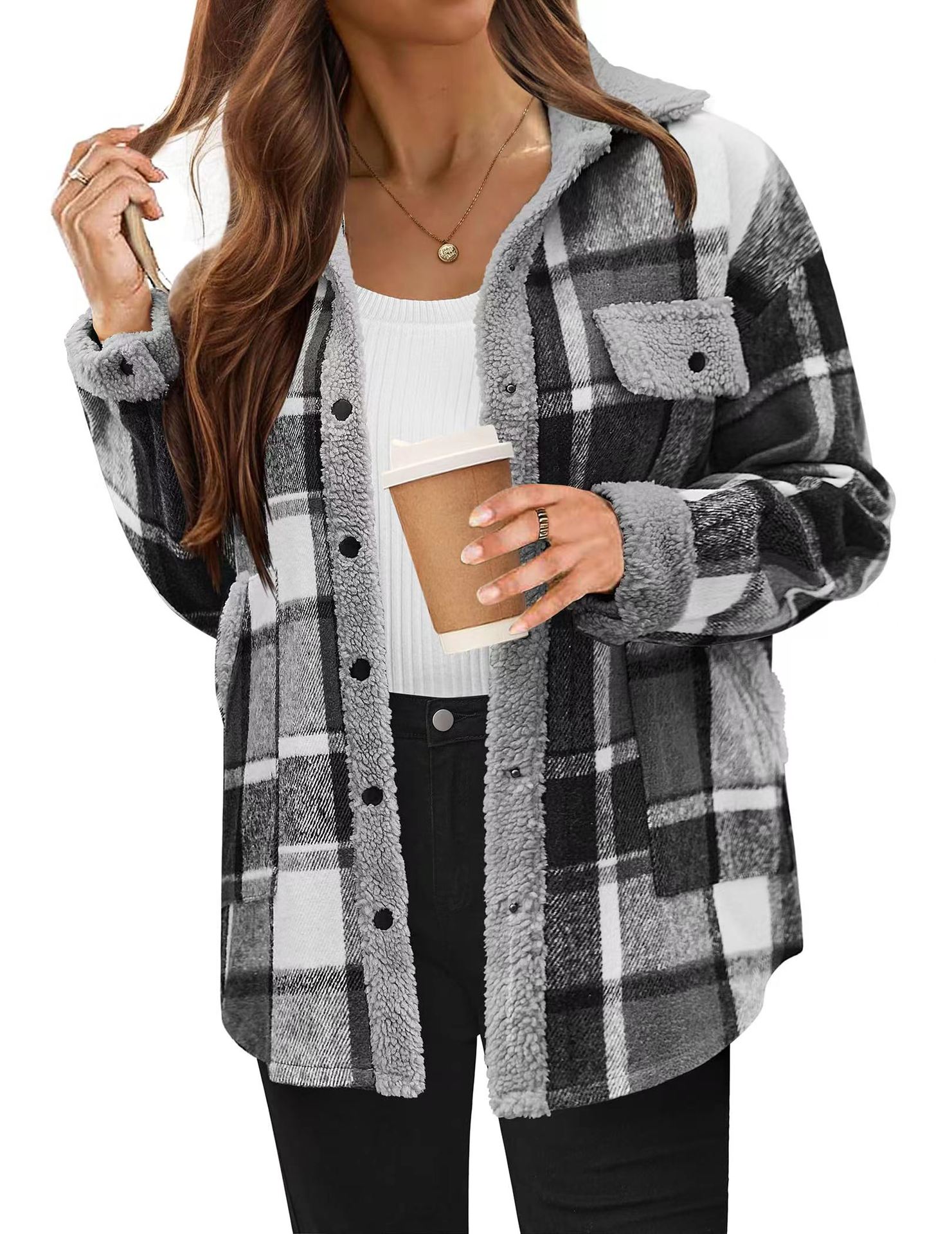  Contrast Color Plaid Jacket Casual Polo Collar Velvet Coat