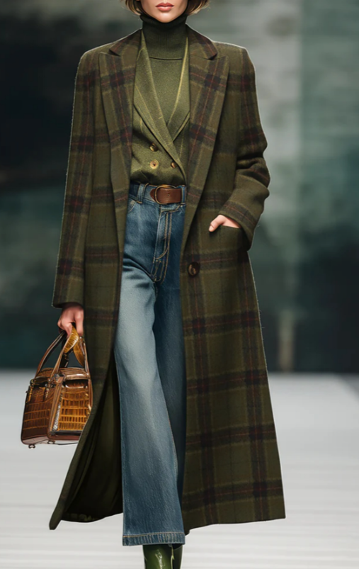  Casual Loose-fitting Retro Plaid Mid-length Coat