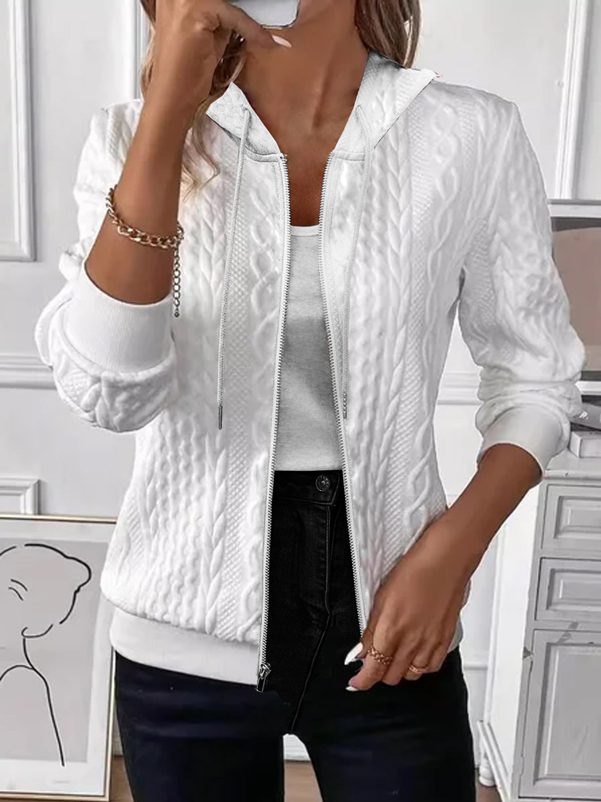  Solid Color Long Sleeve Knitted Zipper Hoodie Coat