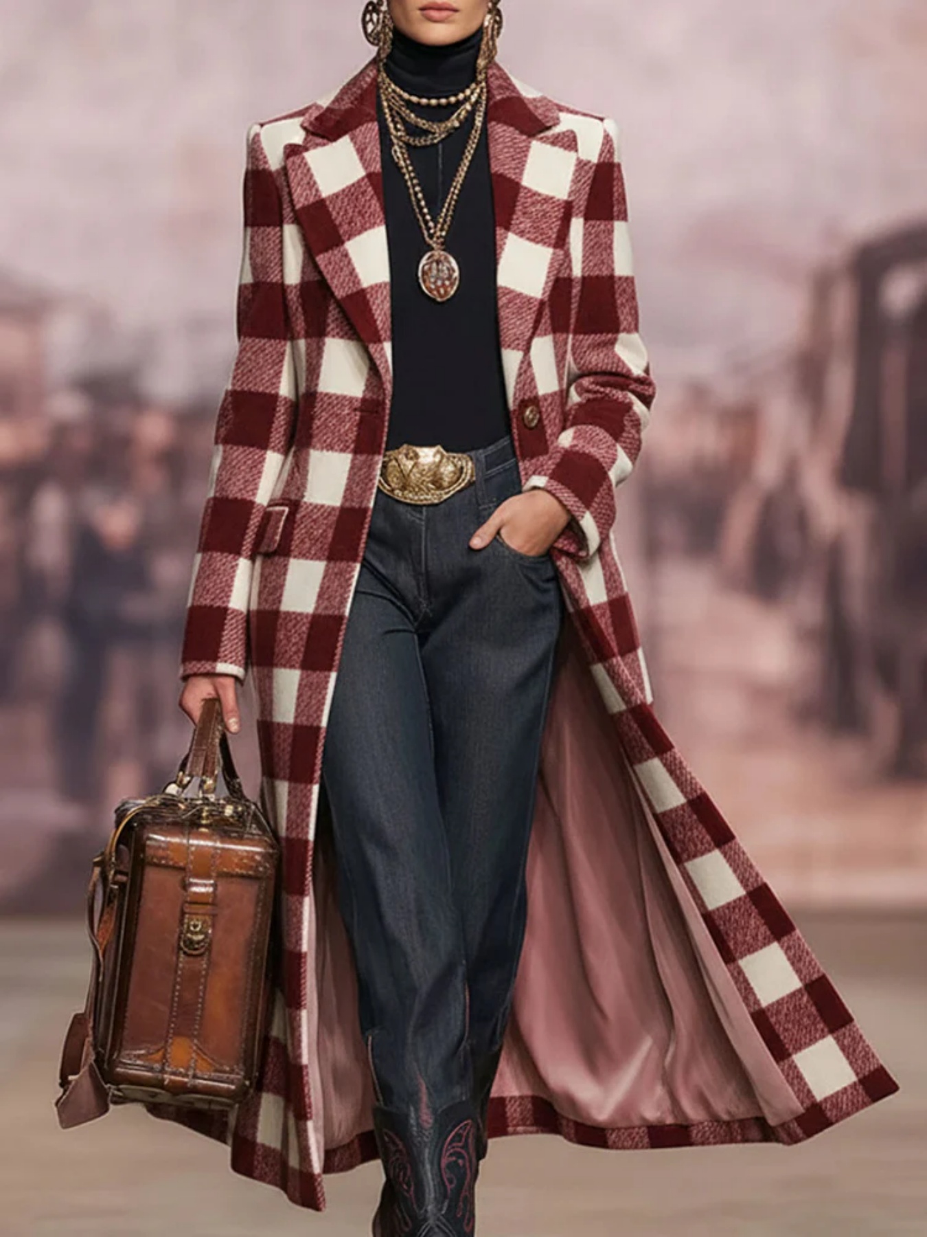  Women's Loose-fitting Long Plaid Lapel Coat