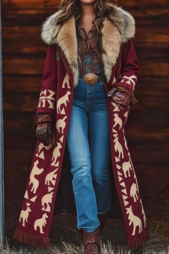  Fashion Retro Women's Coat, Warm Printed Long Coat