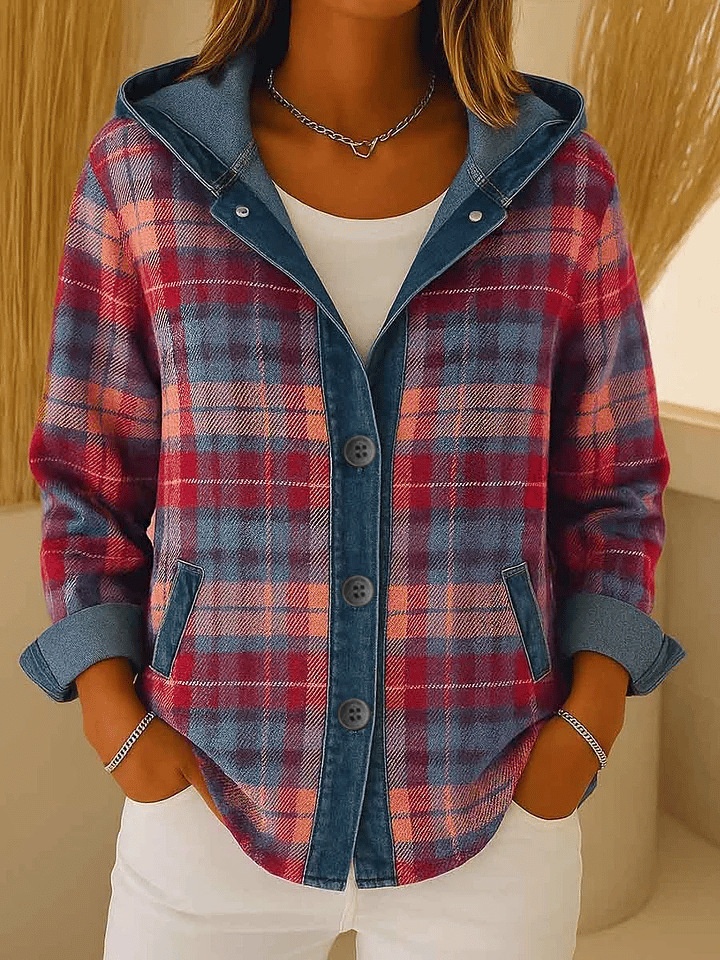  Women's Fashion Plaid Color-blocking Coat