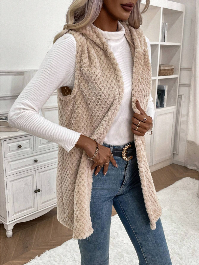  Open Front Hooded Plush Vest Coat
