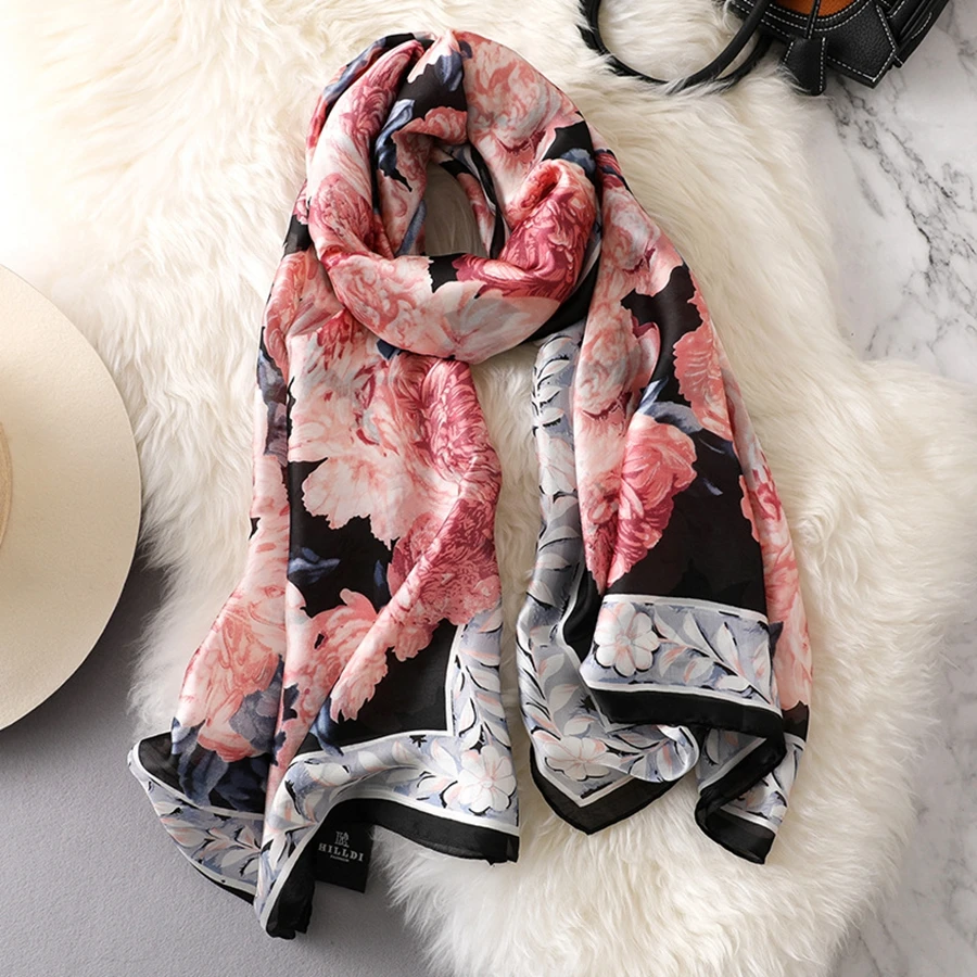  100% Natural Silk Scarf Women Luxury Brand Digital Print Flowers Silk Pashmina Shawl Female Long Bandana Foulard 2020 Oversize
