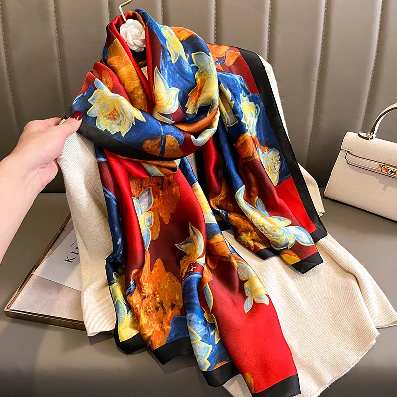  100% Natural Silk Scarf Women Luxury Brand Digital Print Flowers Silk Pashmina Shawl Female Long Bandana Foulard 2020 Oversize