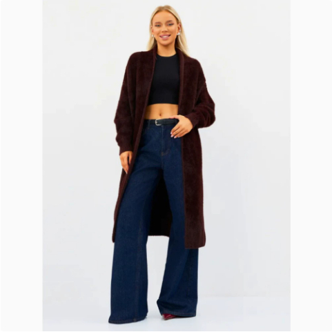  Women's Solid-Color Loose Plush Knitted Long Coat