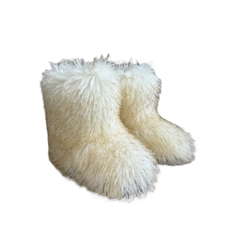  New Winter Fur Onepiece Raccoon Fur Female Snow Boots Fur Shoes Outdoor Mid Leg Boots