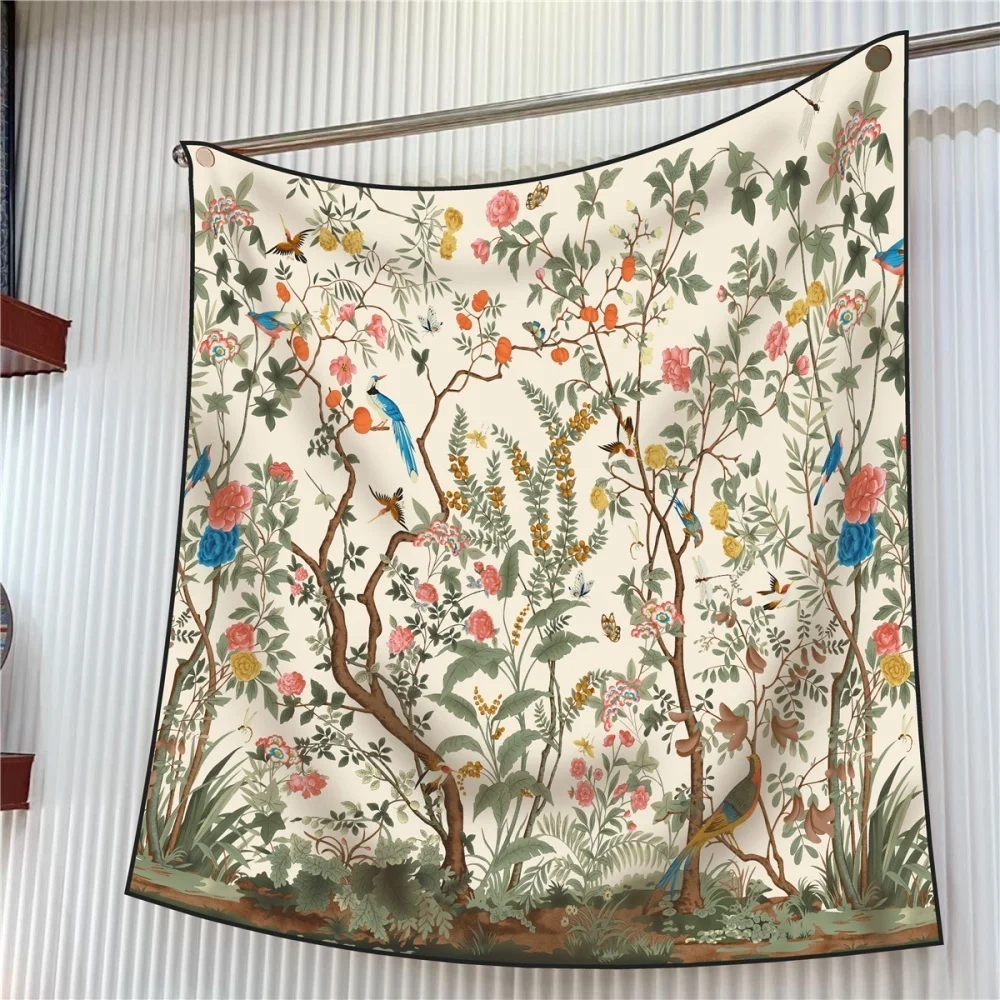  Silk Scarf Women Floral Printed Square Scarves Head Echarpes Silk Foulards Femme Wraps Beach Shawls Bandana Lady Hijabs 90CM