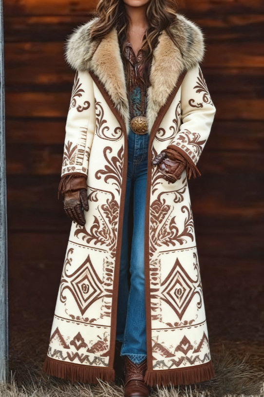  Fashion Retro Women's Coat, Warm Printed Long Coat