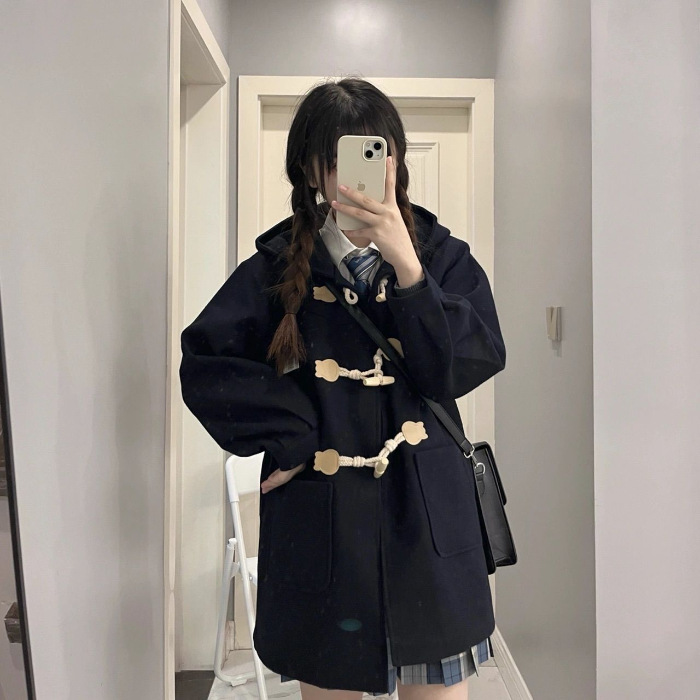  Japanese-style Woolen Women's School Coat With Horn Buttons