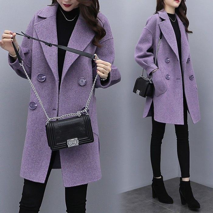  Purple Woolen Coat Women's Mid-length Lantern Sleeve
