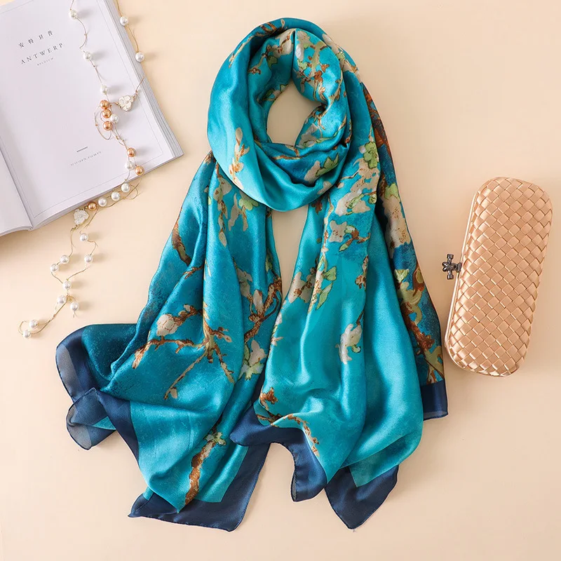  100% Natural Silk Scarf Women Luxury Brand Digital Print Flowers Silk Pashmina Shawl Female Long Bandana Foulard 2020 Oversize