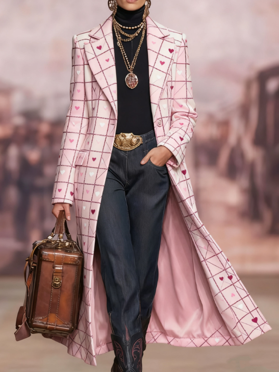  Women's Loose-fitting Long Plaid Lapel Coat
