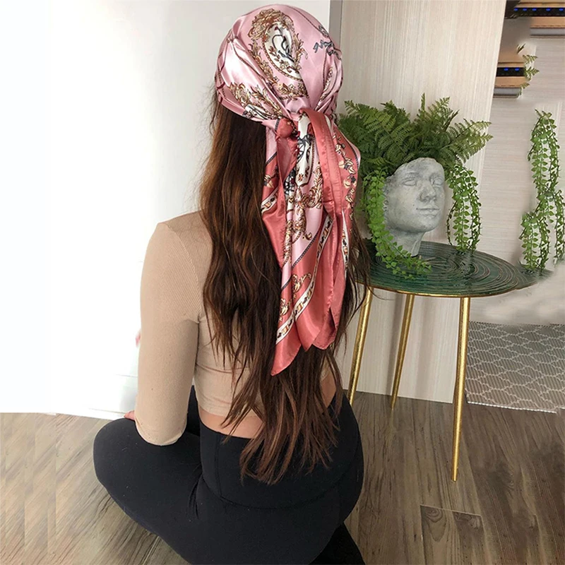 90*90cm Square Silk Scarves Women Hijab Shawls Fashion Print Kerchief Femme Head Scarf Foulard Bandana Beach Pareo