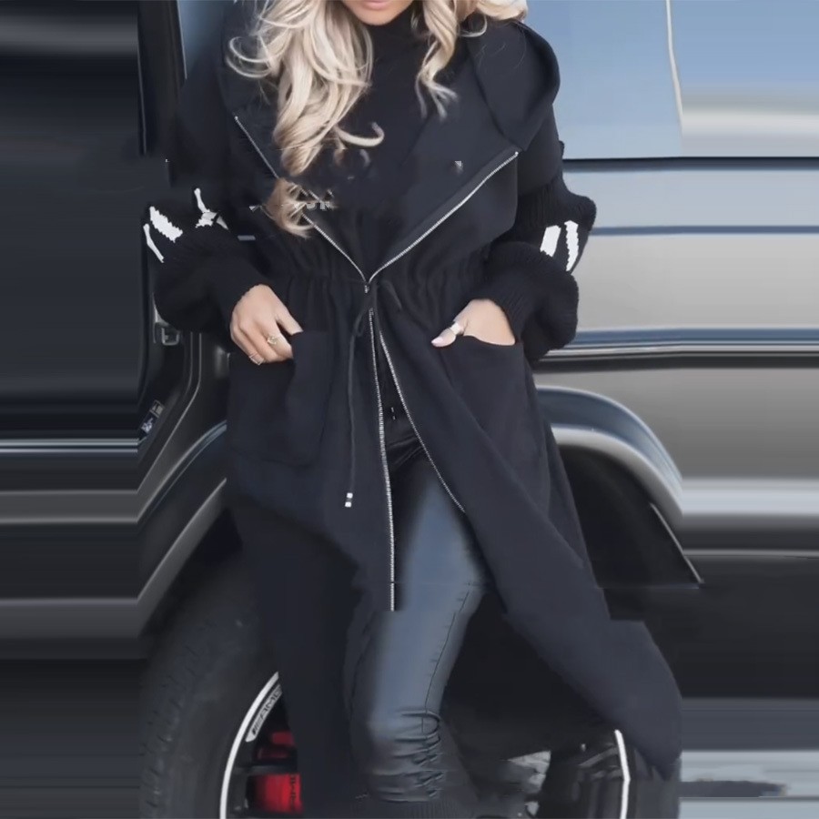  European And American Fashion Women's Wear Casual Hooded Long Splicing Coat