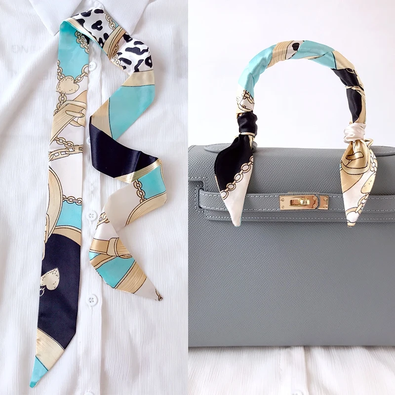  Woman Skinny Silk Scarf 90cm*4cm Long Hair Strip Silk Ribbon Small Neck Scarves Bag Handle Ribbon Scarf Kerchief Ladies Tie