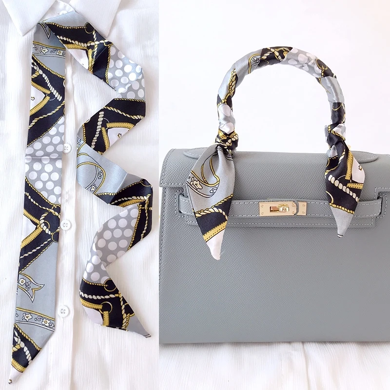  Woman Skinny Silk Scarf 90cm*4cm Long Hair Strip Silk Ribbon Small Neck Scarves Bag Handle Ribbon Scarf Kerchief Ladies Tie