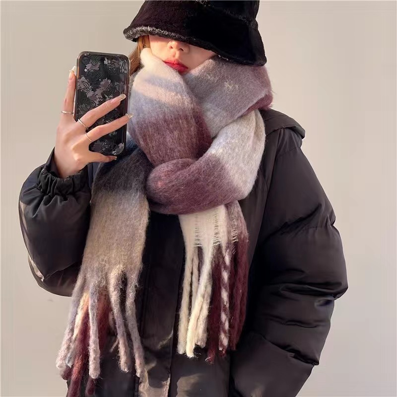  Women's Plaid Tassel Scarf Rainbow Color-blocking Shawl