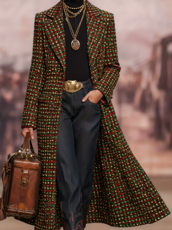  Women's Loose-fitting Long Plaid Lapel Coat
